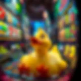 A whimsical bathtime duck surrounded by colorful slot machine reels