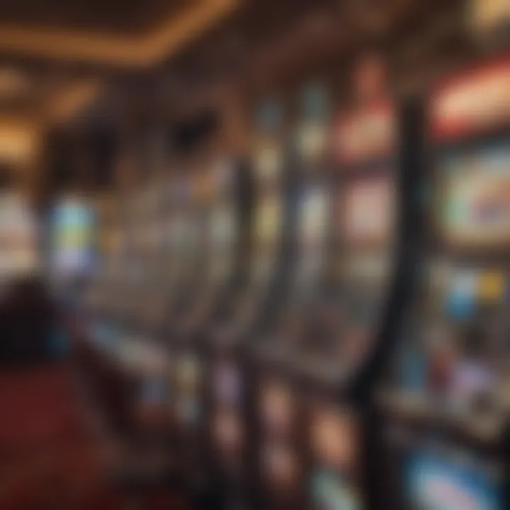 A vibrant display of various slot machines lined up in a casino hall, illustrating their appeal