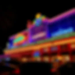 Exterior view of a casino showcasing vibrant lights and architecture