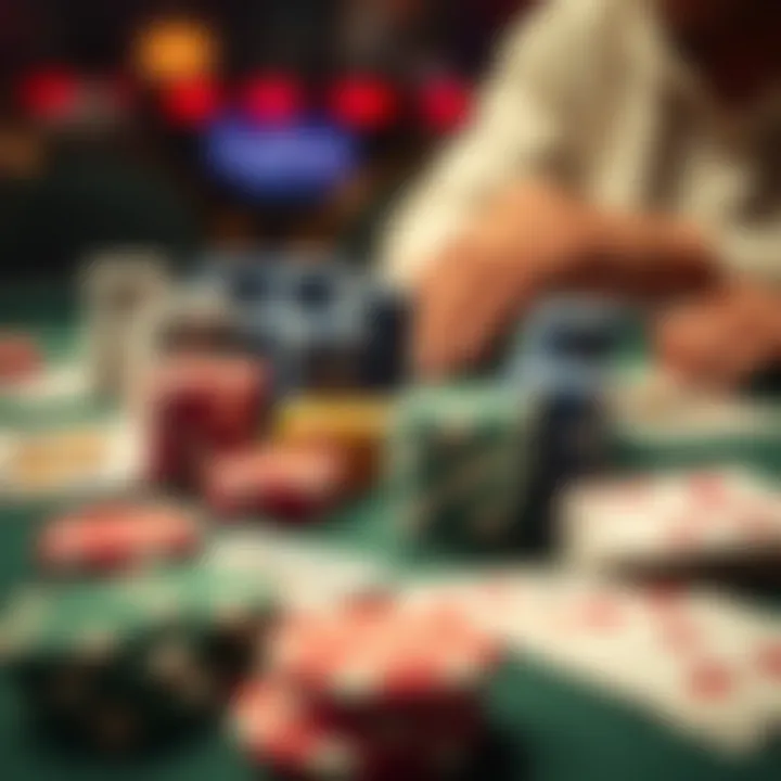 Strategic Poker Setup Detailed shot of poker chips and cards arranged strategically on a table