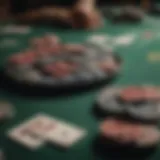 Overview of a poker table with chips and cards