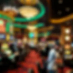 A panoramic view of a luxurious casino floor bustling with activity.