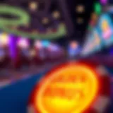 A close-up view of a casino chip with a glowing golden nugget symbol.