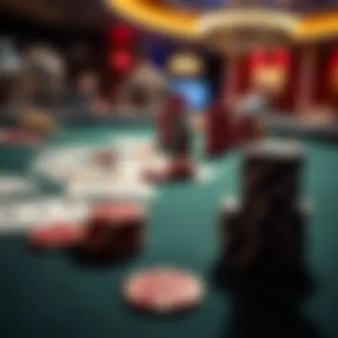 Close-up of poker chips and cards on a felt table highlighting gaming strategies