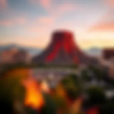 A daytime view of the Mirage Volcano, highlighting its artistic landscape and the surrounding resort.