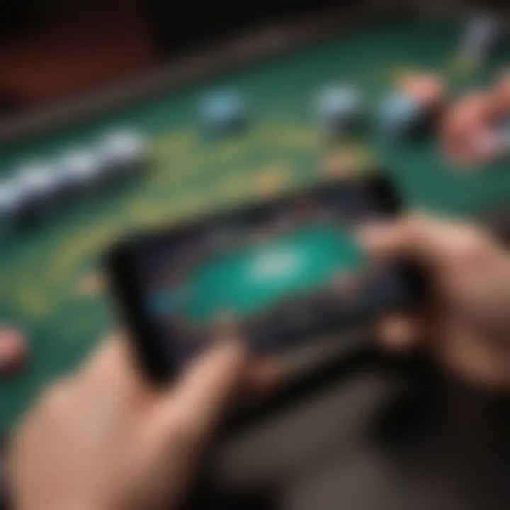 A close-up view of a smartphone displaying a poker game interface, showcasing vibrant graphics and interactive features.