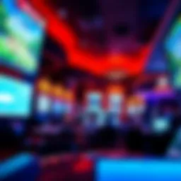 Vibrant sports betting atmosphere with screens displaying games