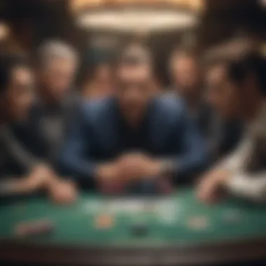 A close-up of a poker table with focused players